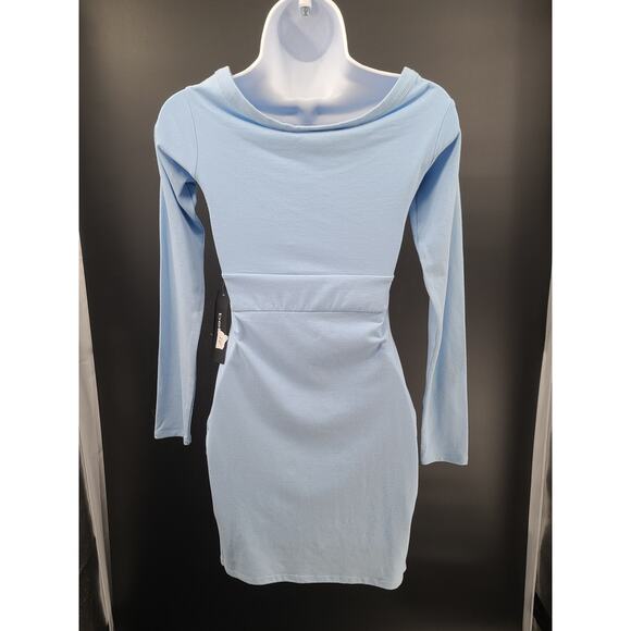 Bebe off-shoulder sheath dress Size XS Baby blue wedding guest love island theme - Picture 12 of 14